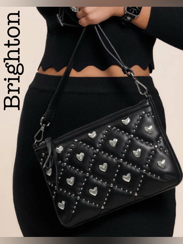Brighton Trudi Black Quilted Leather Crossbody Bag Silver Heart Studs